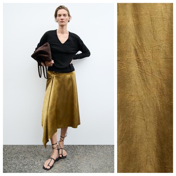 Zara Dresses & Skirts - NWT. Zara ZW Collection Golden Satin Effect Asymmetric Flowing Midi Skirt Size S